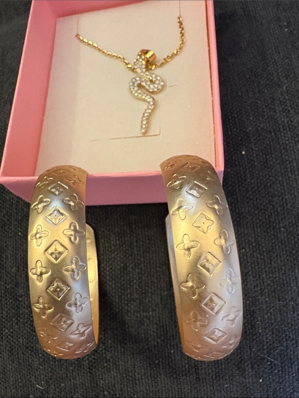 Gold-Tone Embossed Hoop Earrings with Snake Pendant Necklace